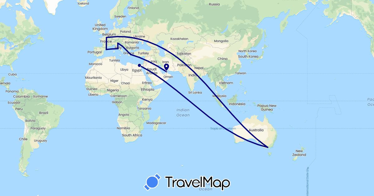 TravelMap itinerary: driving in United Arab Emirates, Australia, Egypt, Spain, France, Greece, Croatia, Italy (Africa, Asia, Europe, Oceania)